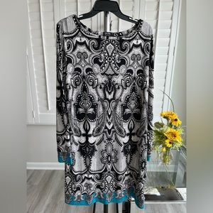 NICOLE Black & White Patterned Green Accent Long Sleeve Scoop Neck Dress Size XL